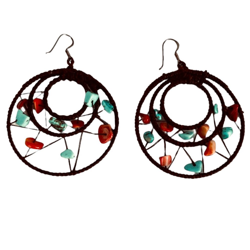 Woven Turquoise And Coral Pierced Earrings